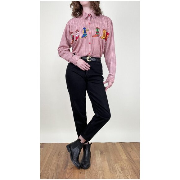 Vintage Embroidered Cowboy Boot Shirt Coastal Cowgirl Western Rodeo Top Blouse - Picture 13 of 13